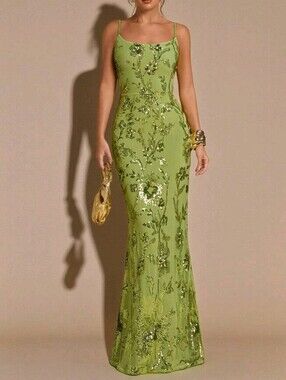 Spring/Summer Solid Green 3D Floral Embroidered Sequin Sheer Backless